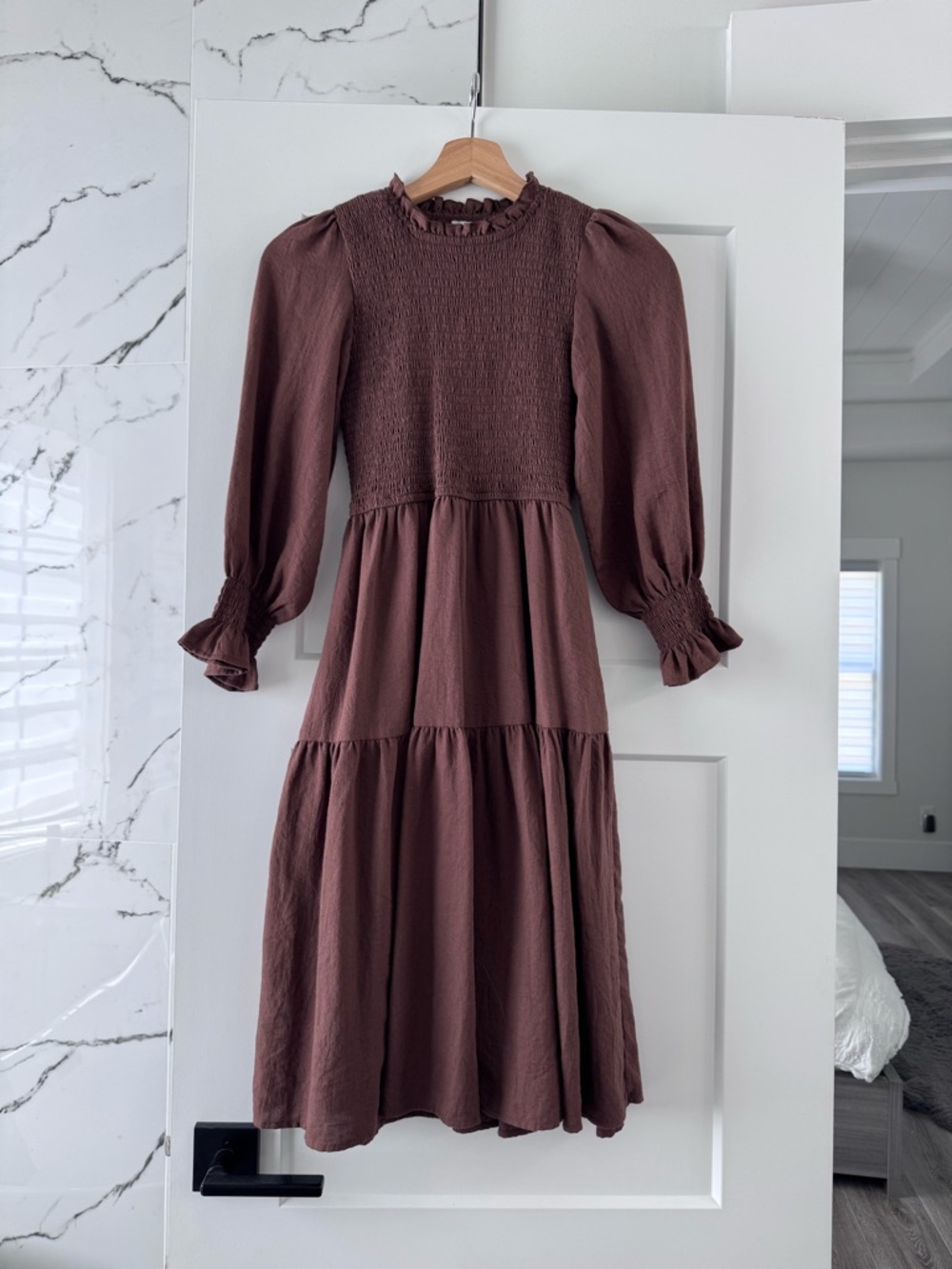 Ivy City Co Brown Smocked Midi Dress with Puff Sleeves
